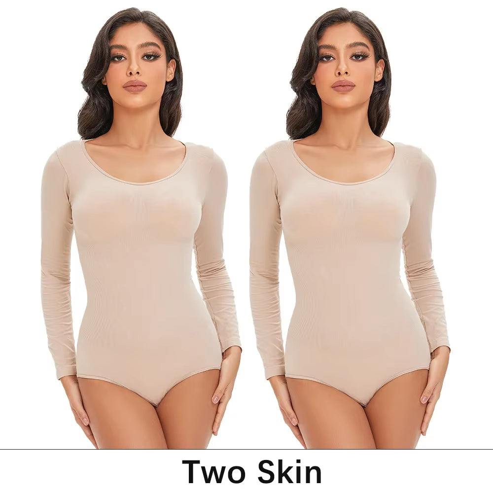 POKARLA Spandex Elastic Body Suit Shapewear Women Body Shaper Tummy Control Long Sleeve Open Crotch round Neck Seamless Shapers