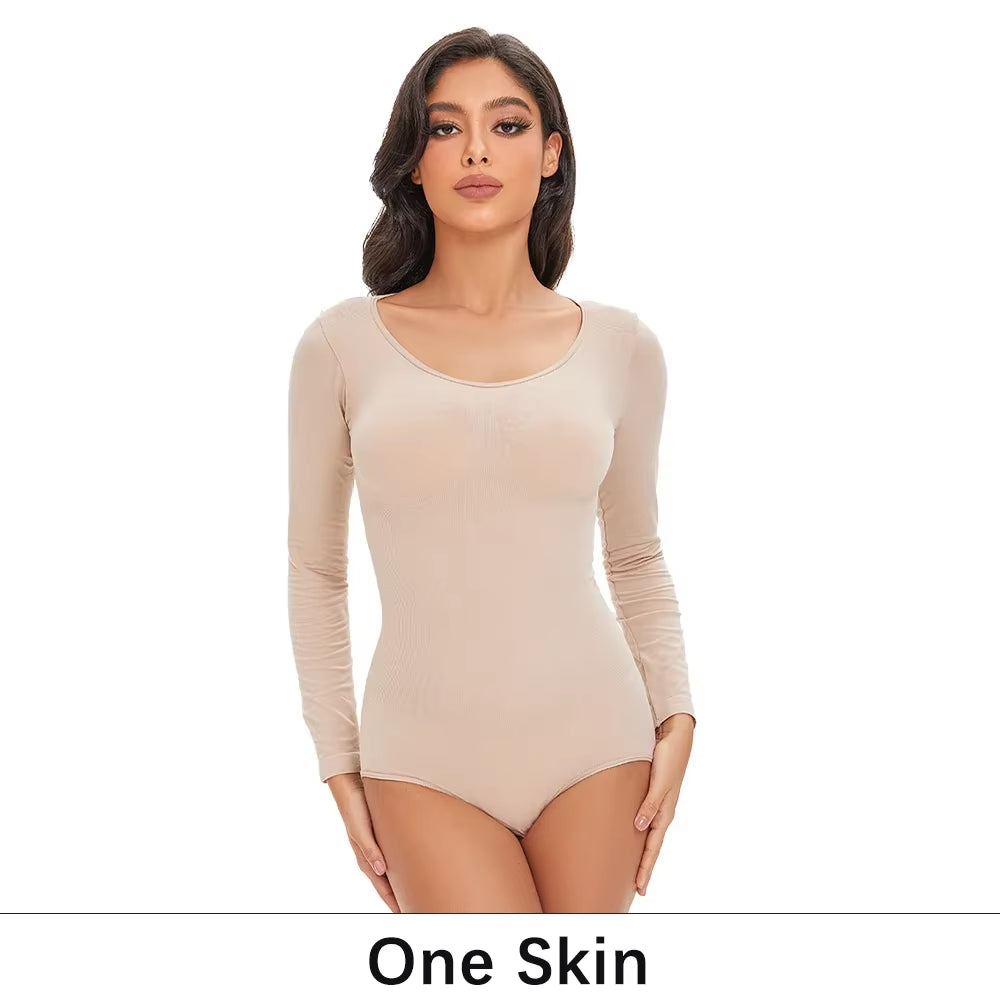 POKARLA Spandex Elastic Body Suit Shapewear Women Body Shaper Tummy Control Long Sleeve Open Crotch round Neck Seamless Shapers