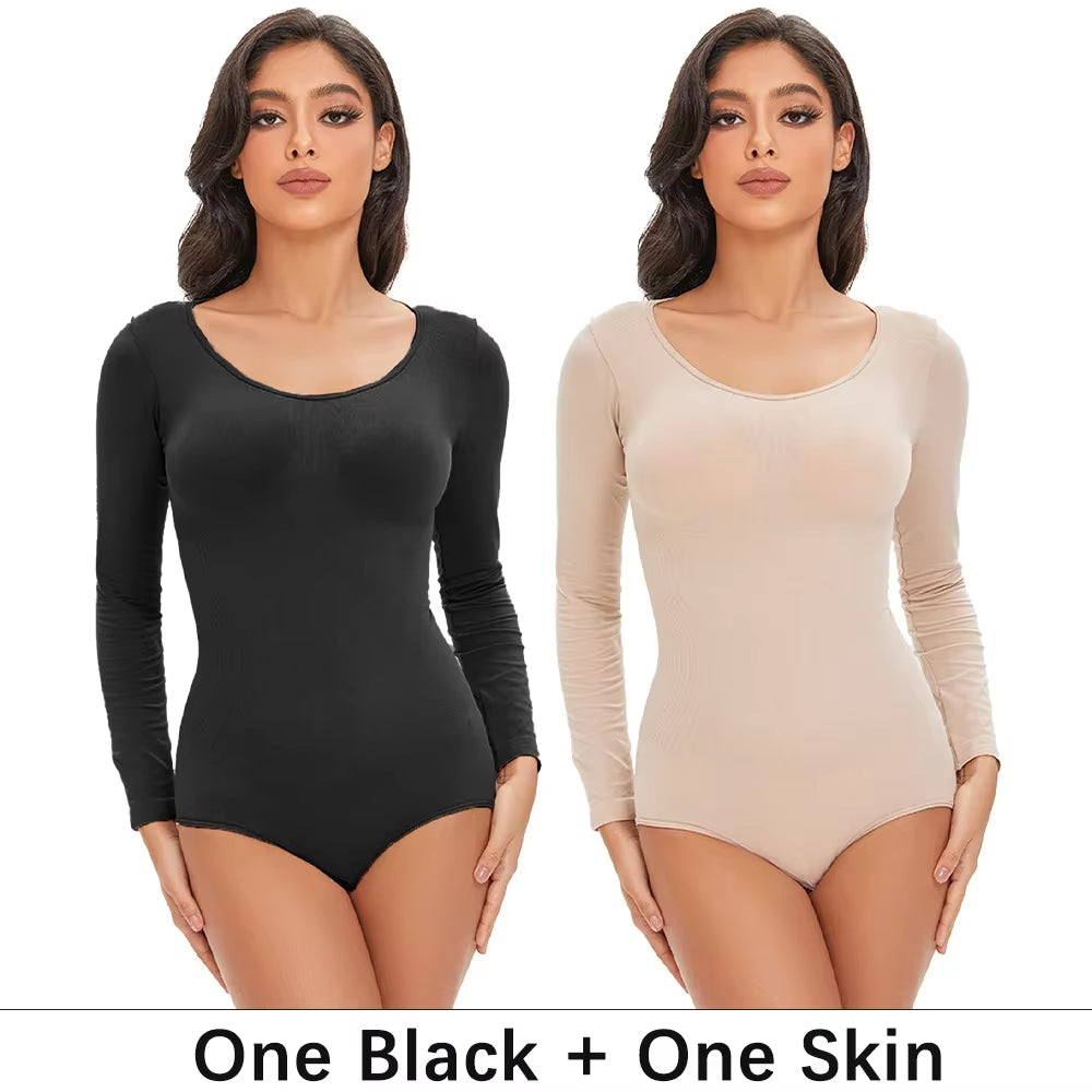 POKARLA Spandex Elastic Body Suit Shapewear Women Body Shaper Tummy Control Long Sleeve Open Crotch round Neck Seamless Shapers