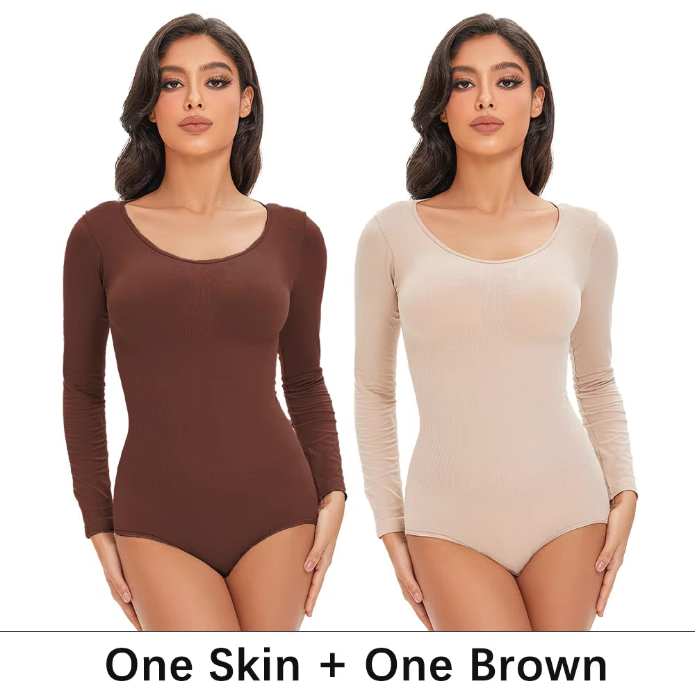 POKARLA Spandex Elastic Body Suit Shapewear Women Body Shaper Tummy Control Long Sleeve Open Crotch round Neck Seamless Shapers