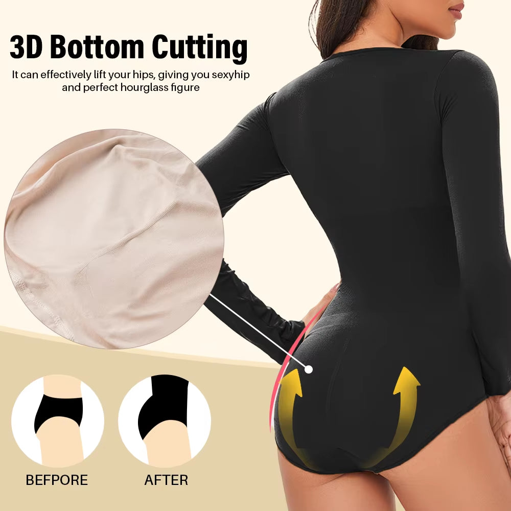 POKARLA Spandex Elastic Body Suit Shapewear Women Body Shaper Tummy Control Long Sleeve Open Crotch round Neck Seamless Shapers