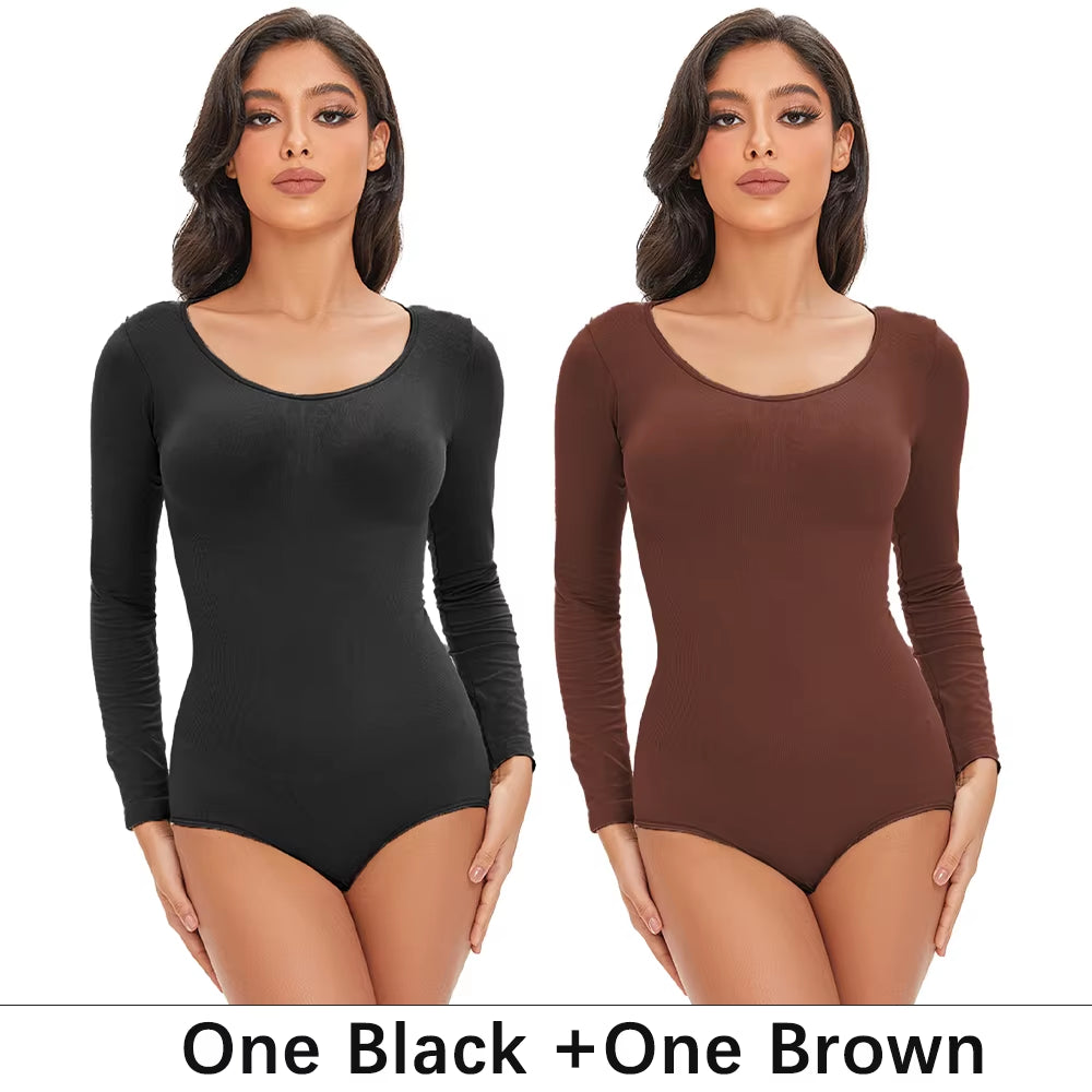POKARLA Spandex Elastic Body Suit Shapewear Women Body Shaper Tummy Control Long Sleeve Open Crotch round Neck Seamless Shapers