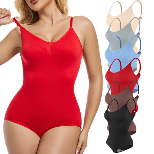 Women Seam-Free Sleeveless V-Neck Bodysuit Shapewear Tummy Control Body Shaper Tank Top Red Blue