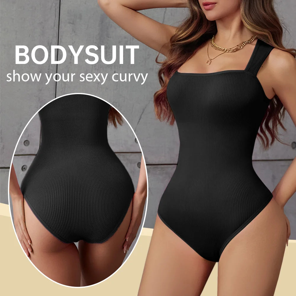 POKARLA Ribbed Tummy Bodysuit Daily Shaper Jumpsuit Light Control Compress Tummy Control Open Crotch Shapewear Suits Open Crotch