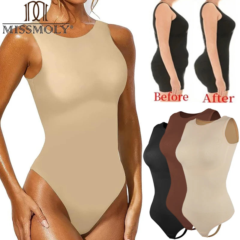 MISSMOLY Bodysuits Sexy Sleeveless Crew Neck Shapewear Thong for Womens Waist Trainer Tanks Tops Slim Tummy Control Body Shaper