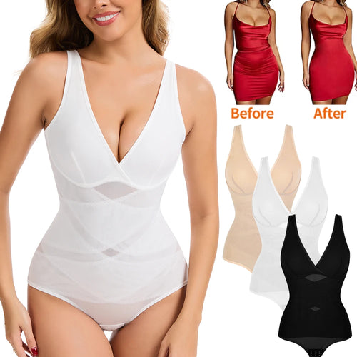 Bodysuit Shapewear for Women Tummy Control V-Neck Cross Design Butt Lifting Shaper Invisible for Daily Wear