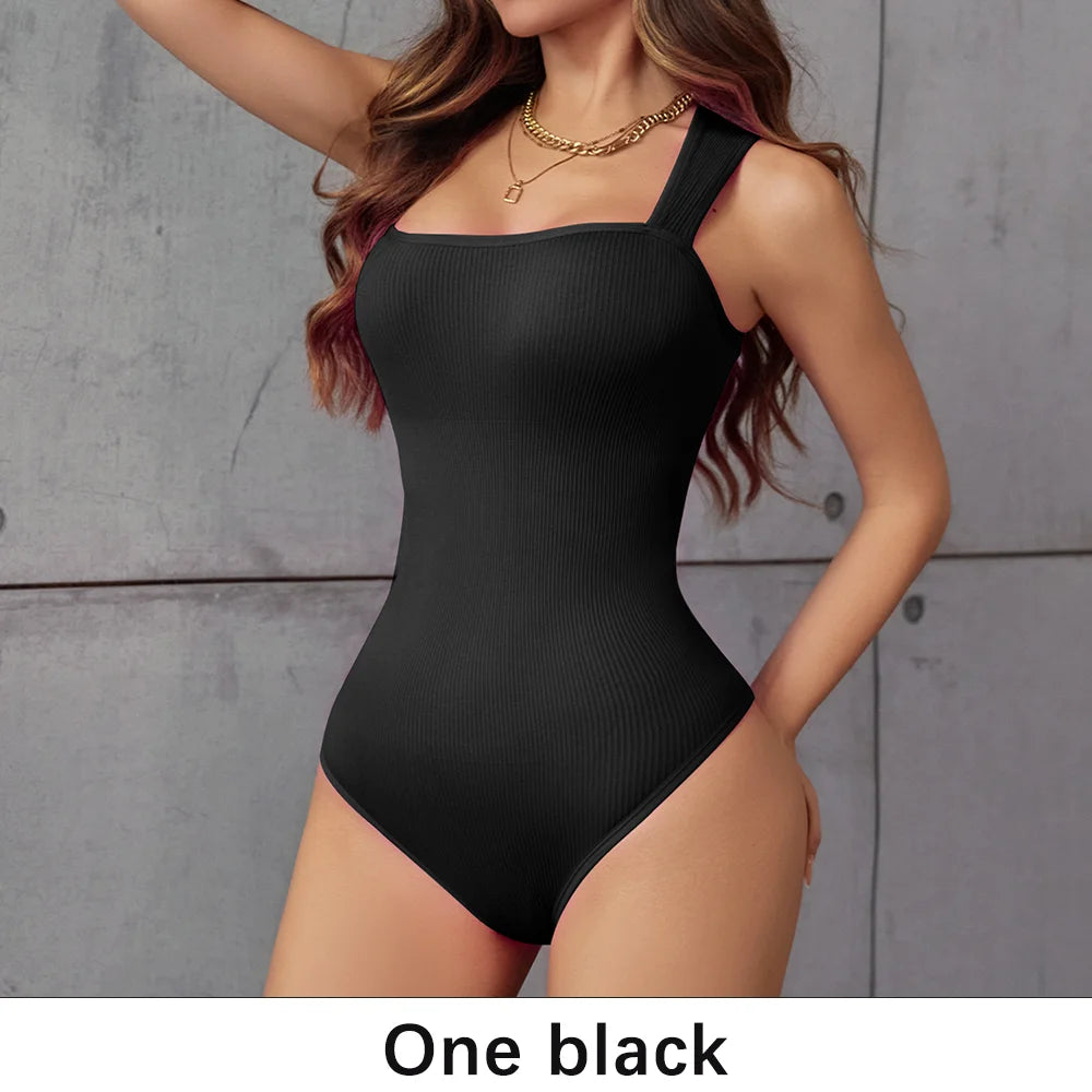 POKARLA Ribbed Tummy Bodysuit Daily Shaper Jumpsuit Light Control Compress Tummy Control Open Crotch Shapewear Suits Open Crotch