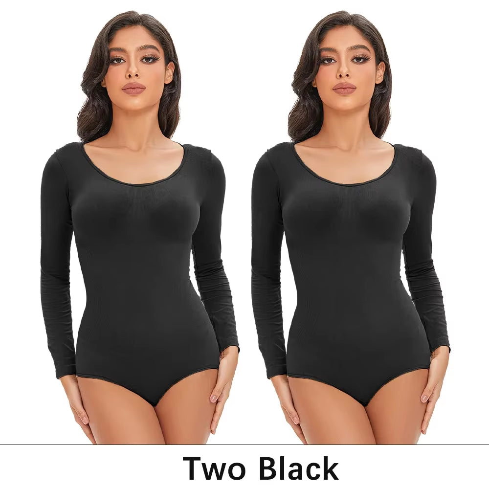 POKARLA Spandex Elastic Body Suit Shapewear Women Body Shaper Tummy Control Long Sleeve Open Crotch round Neck Seamless Shapers