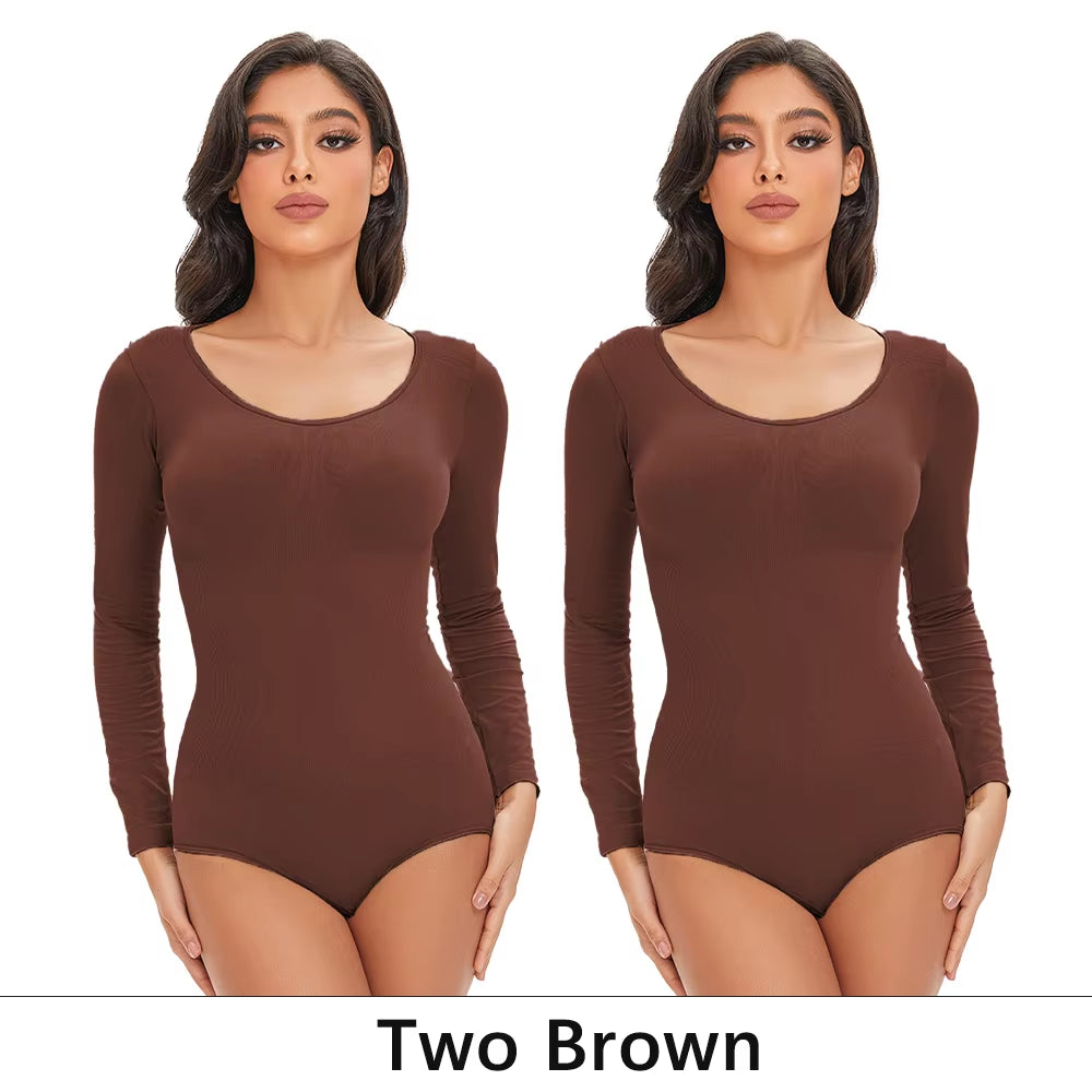 POKARLA Spandex Elastic Body Suit Shapewear Women Body Shaper Tummy Control Long Sleeve Open Crotch round Neck Seamless Shapers