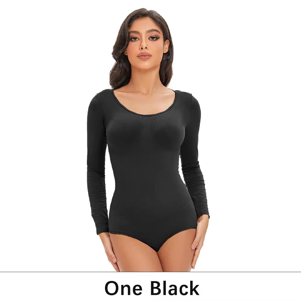 POKARLA Spandex Elastic Body Suit Shapewear Women Body Shaper Tummy Control Long Sleeve Open Crotch round Neck Seamless Shapers