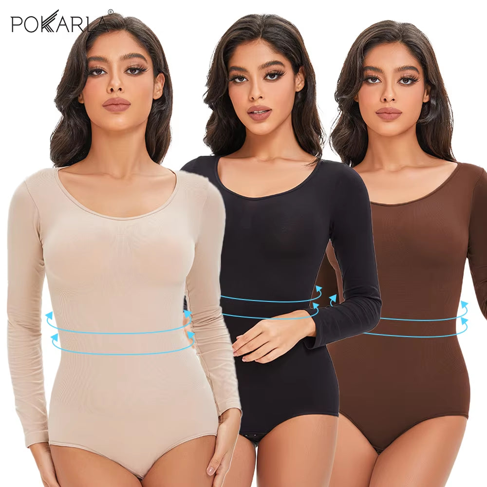 POKARLA Spandex Elastic Body Suit Shapewear Women Body Shaper Tummy Control Long Sleeve Open Crotch round Neck Seamless Shapers